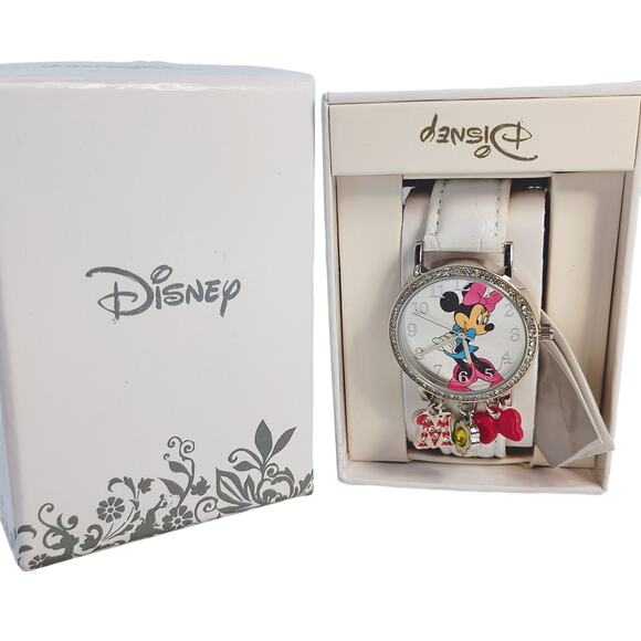 Disney Minnie Mouse Charm Watch Silver Round Pink Bow NIB - Picture 1 of 8
